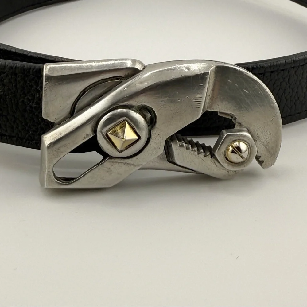 Black Leather Belt Industrial Tool Buckle Silver Hardware Adjustable Waist Belt